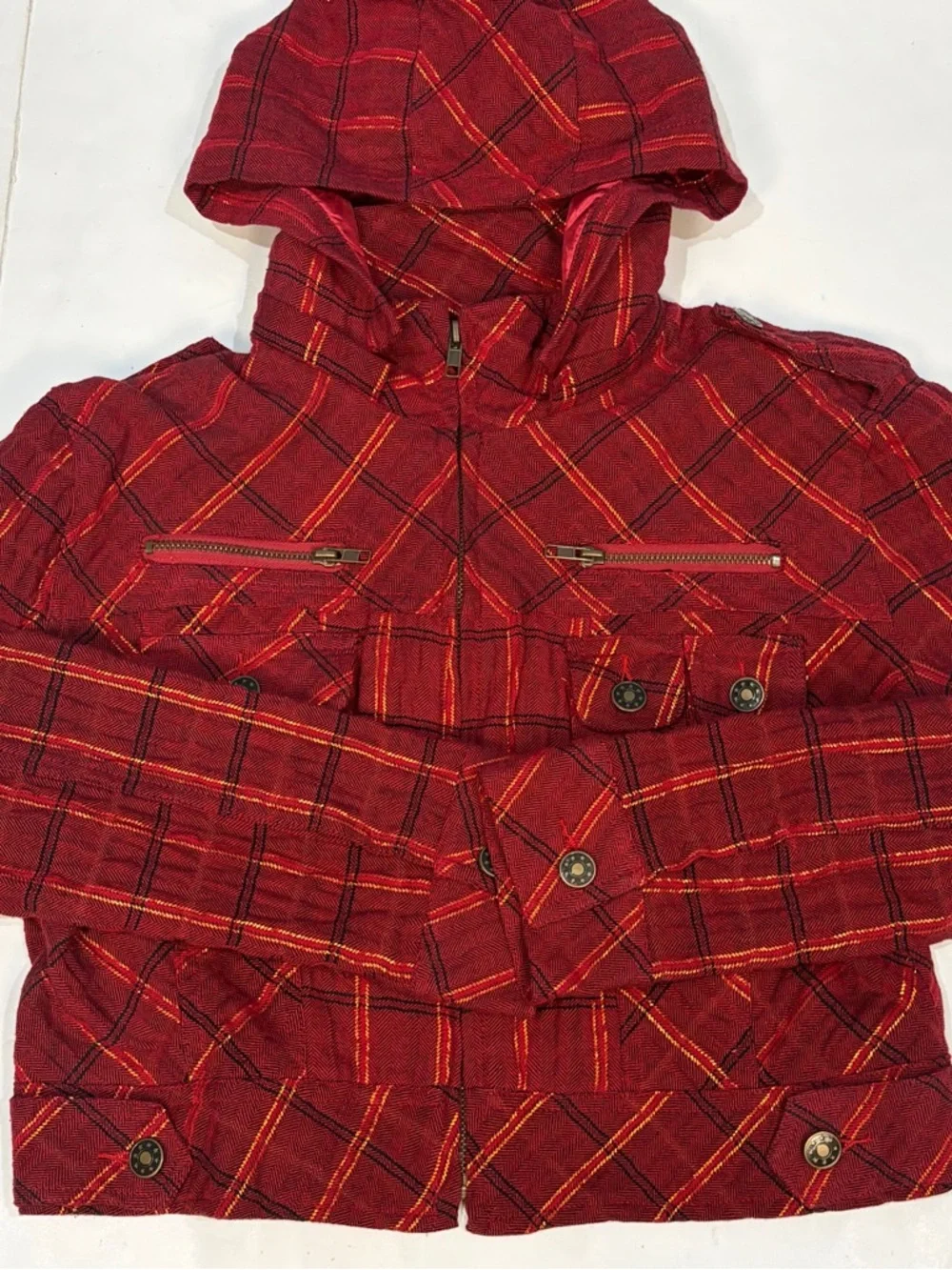 Feline Red Gold Plaid Cropped Full Zip Jacket Detachable Hood Junior Size Large - Picture 14 of 16